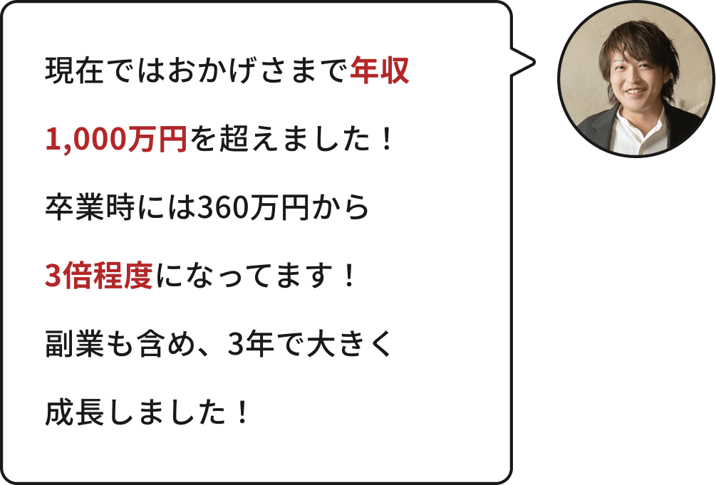 現在ではおかげさまで年収1,000万円を超えました!卒業時には360万円から3倍程度になってます!副業も含め、3年で大きく成長しました!